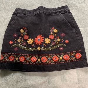 Flower Embroidered Denim Skirt
